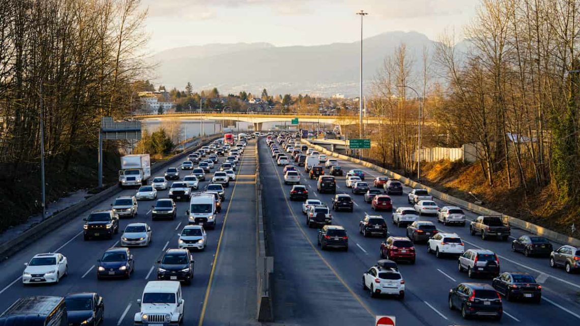 Heavy highway traffic during peak travel hours