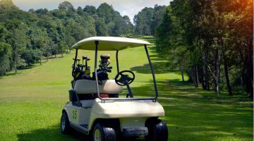 Golf cart parked on a golf course fairway surrounded by trees.