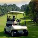 Golf cart parked on a golf course fairway surrounded by trees.
