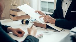 Attorney reviewing a legal document or contract during a consultation for a business dispute.